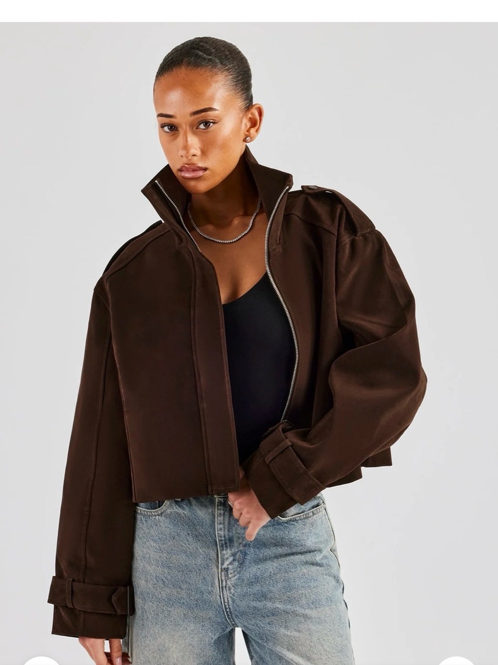 Women's Cernucci Cropped Funnel Neck Bomber Jacket in Dark Brown faux Suede